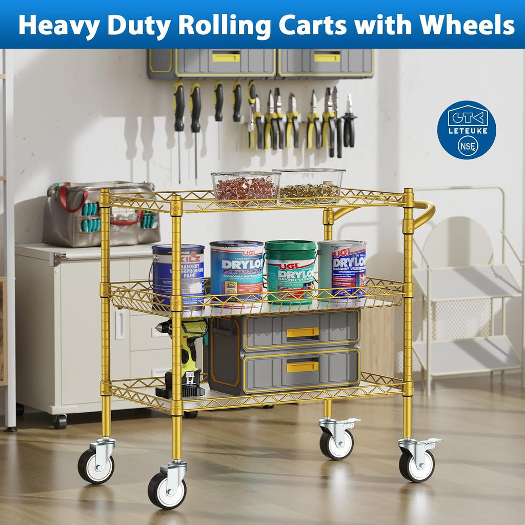 3 Tier Rolling Carts with Wheels, Heavy Duty Rolling Utility Cart | NSF Commercial Grade Metal Cart with Handle&Shelf