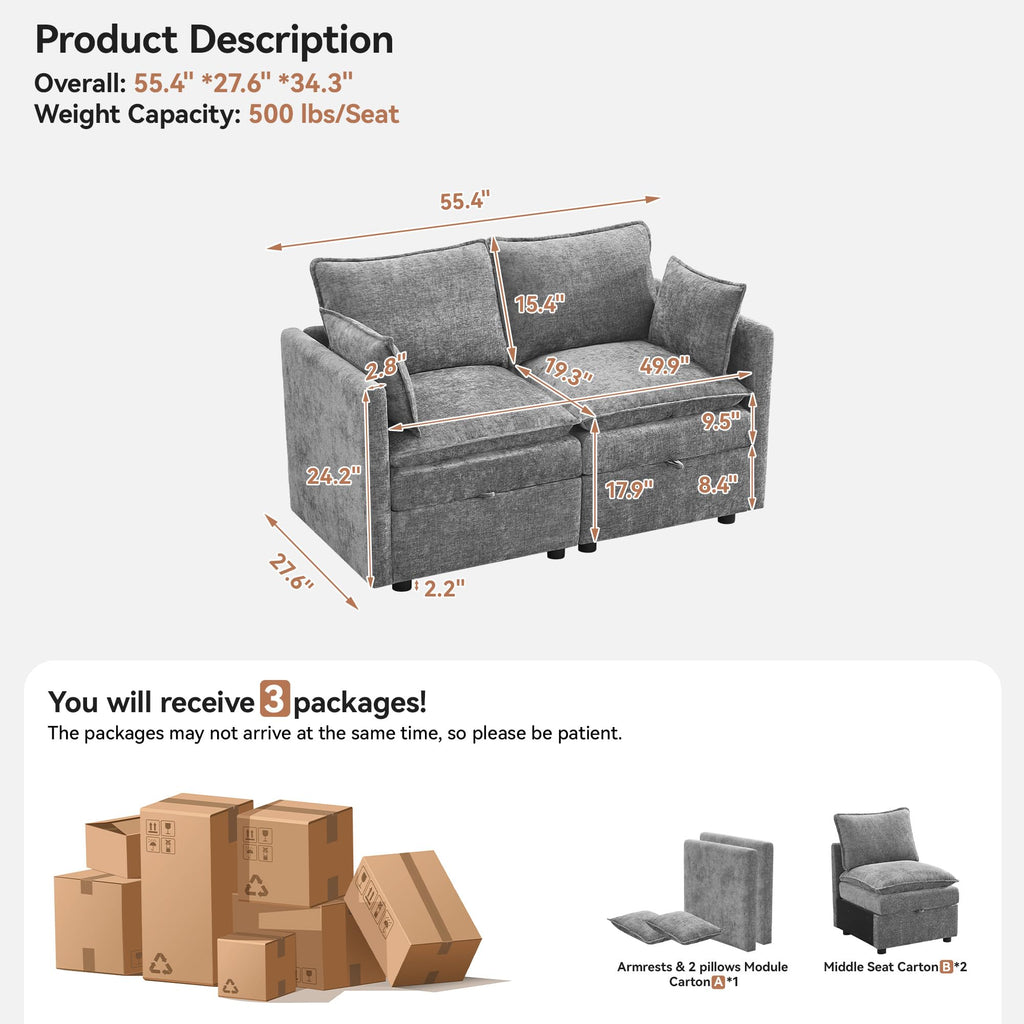 55" Cloud Modular Loveseat Sofa with Storage, Modern Upholstered Sofa Couch Small Love Seat, 2 Seater Chenille Comfy