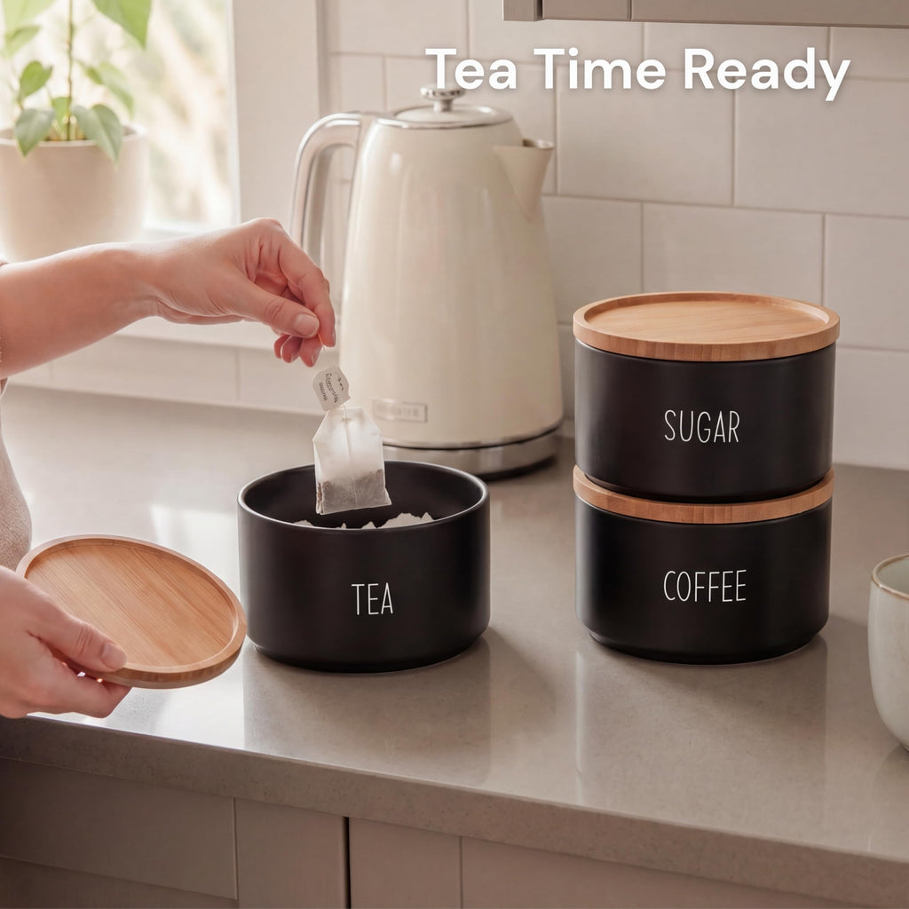 Coffee Tea Sugar Container Set, Stackable Tea Coffee Sugar Canister Set with Bamboo Lids, Airtight Kitchen Canisters