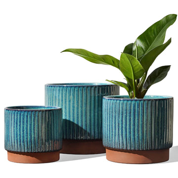 Ceramic Plant Pots with Drainage Holes, Set of 3, 8+6.7+5.5 Inch Stripe Garden Planter Pots for Outdoor Indoor Plants