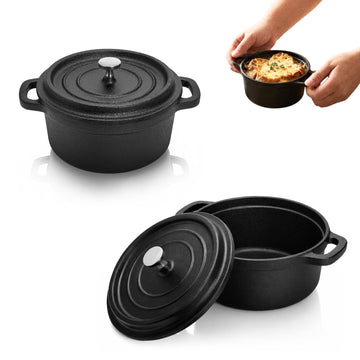 Set of 2 Mini Cast Iron Dutch Oven, 17 Oz Individual Cocotte Pots with Lids and Handles, Small Black Casserole Dishes