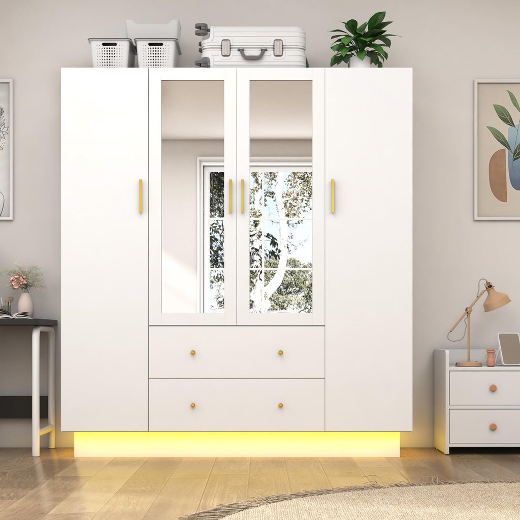 4 Door Wardrobe Closet with Mirrors and LED Lights, Bedroom Armoire with Drawers and Shelves, Modern Wooden Armoire