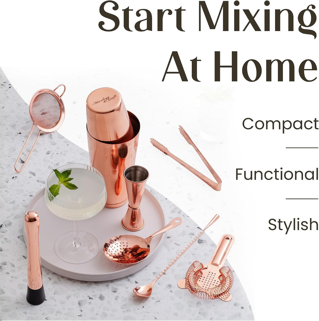 Deluxe Copper Cocktail Shaker Set - Weighted Boston Shaker Kit for Bartenders - Includes Japanese Jigger, Muddler - Set of 11
