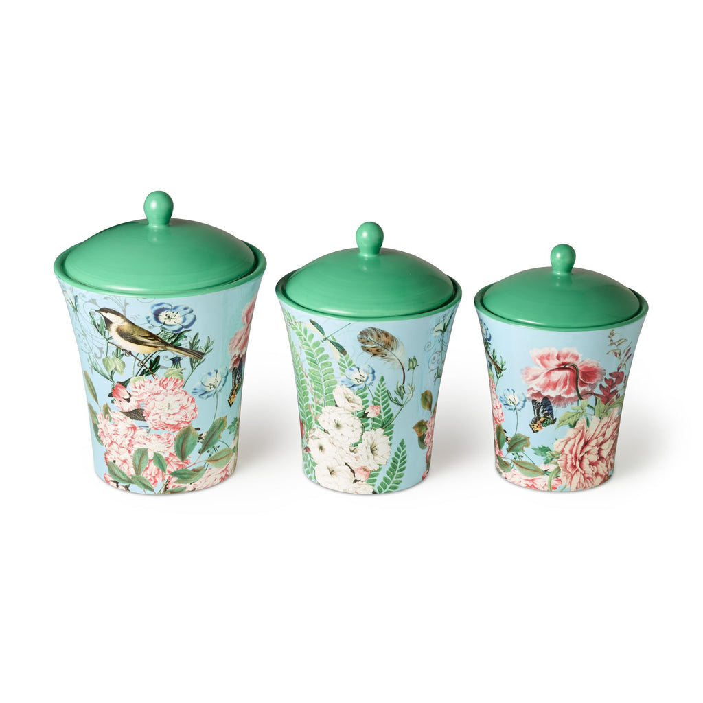 Flora Ceramic Canister Set - 3-Piece Airtight Storage Jars with Pastel Floral, Butterfly, and Dragonfly Designs