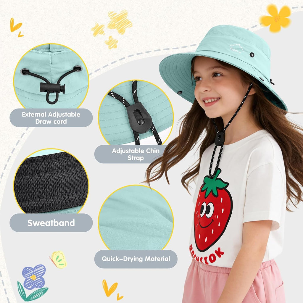 Kids UPF 50+ Sun Hat for Boys Girls Wide Brim Lightweight Bucket Hat for Hiking Beach Safari, Quick Dry Adjustable