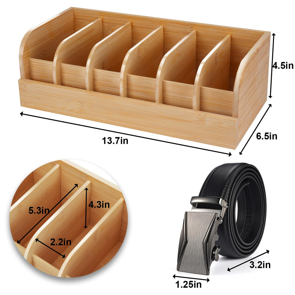 Belt Organizer, 6 Compartments Belt Organizer for Closet and Drawer, Bamboo Display Case for Tie and Belt, Belt