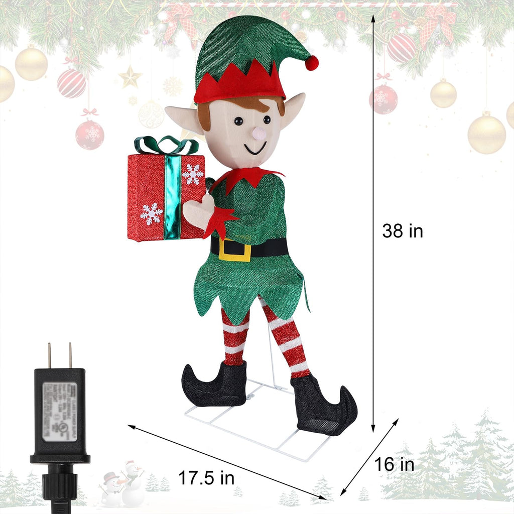 Lighted Christmas Outdoor Decor, 38" Height Pre-Lit 3D Tinsel Xmas Green Elf Figure, Light Up Xmas Yard Displays