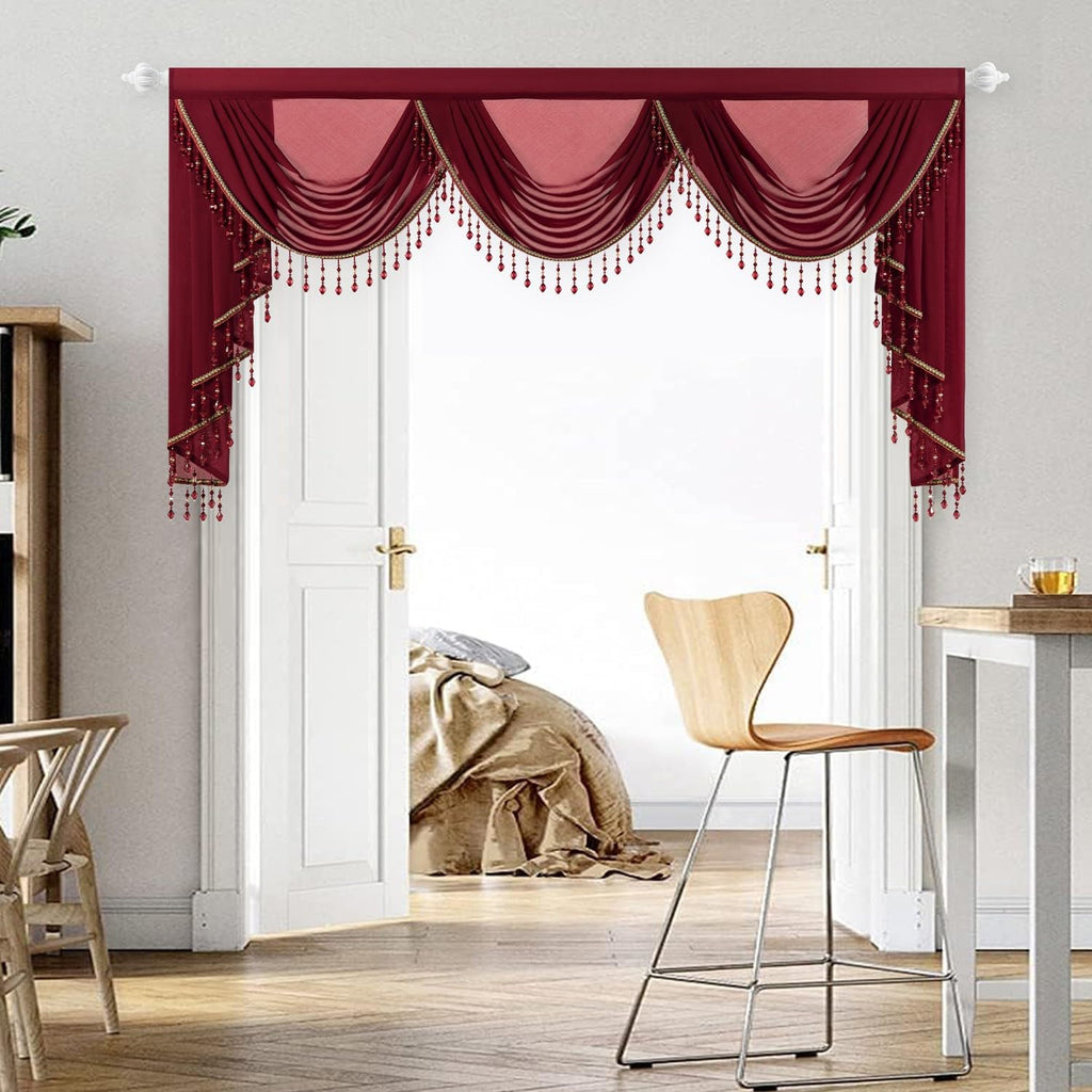 Burgundy Red Waterfall Curtains Valance, Soft Touch Silky Textured Voile Curtain Window Panels, 1 Piece Vintage