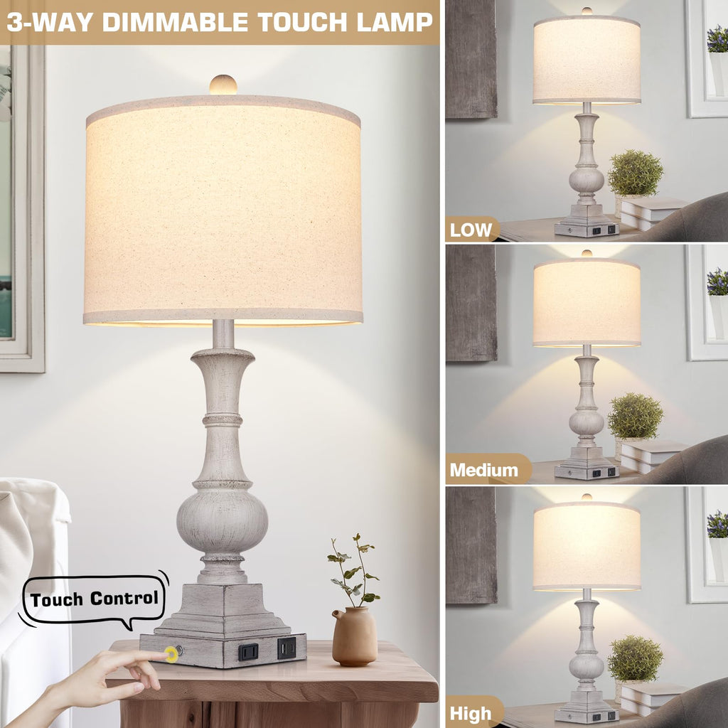 26" Farmhouse Lamp with 2 USB Ports & AC Outlet, Vintage Rustic Touch Control Bedside Lamp, Resin 3-Way Dimmable