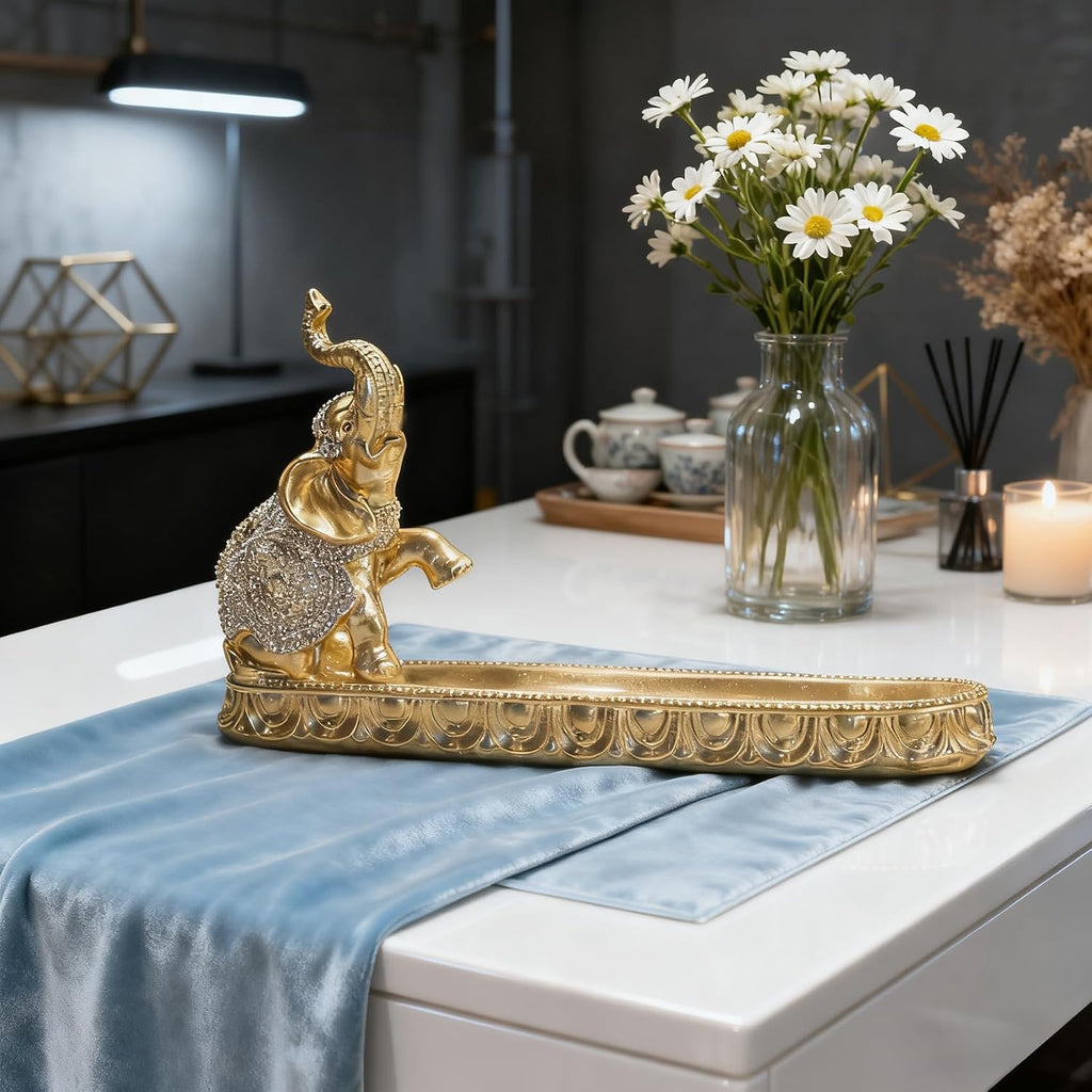 Gold Elephant Incense Holder, Resin Feng Shui Statue Ash Catcher Tray, 9.45In