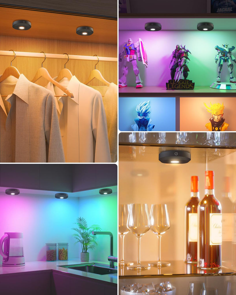 RGB Under Cabinet Lights,Rechargeable Puck Lights with Remote Control, Wireless Push Light with Timer