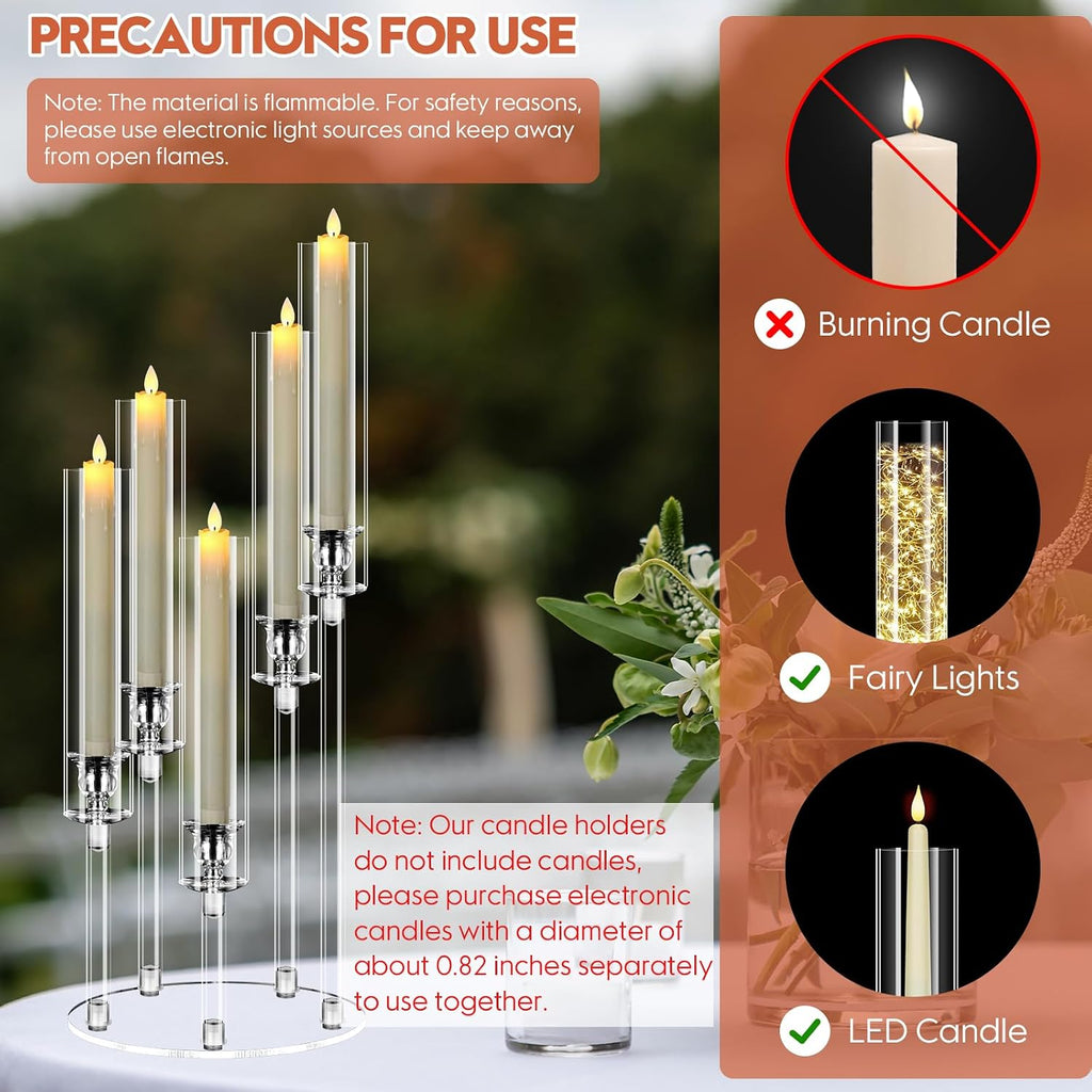 4 Set 5 Arm Acrylic Candle Holder, Mjkeomo 22'' Tall Candelabra Centerpieces for Tables, Candlesticks Holder with Lampshade for Housewarming Gift Fireplace Dinner Decor Fit 0.82'' LED Candle