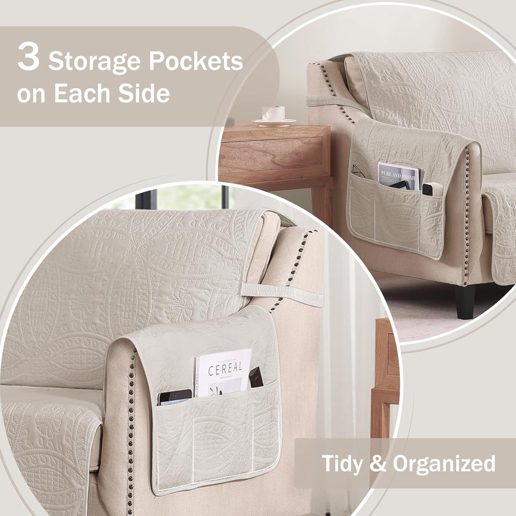 Beige Quilted Recliner Chair Covers, Water-Repellent Recliner Slipcovers, Lazy Boy Chair Covers, Pet Friendly