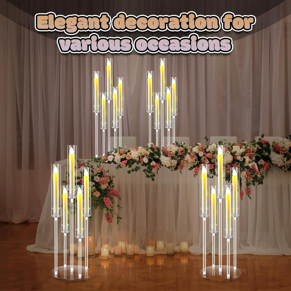 8 Sets 5 Arm Acrylic Candelabra Holder Floor Clear Candle Centerpieces with LED Candles and Shade for Proposal