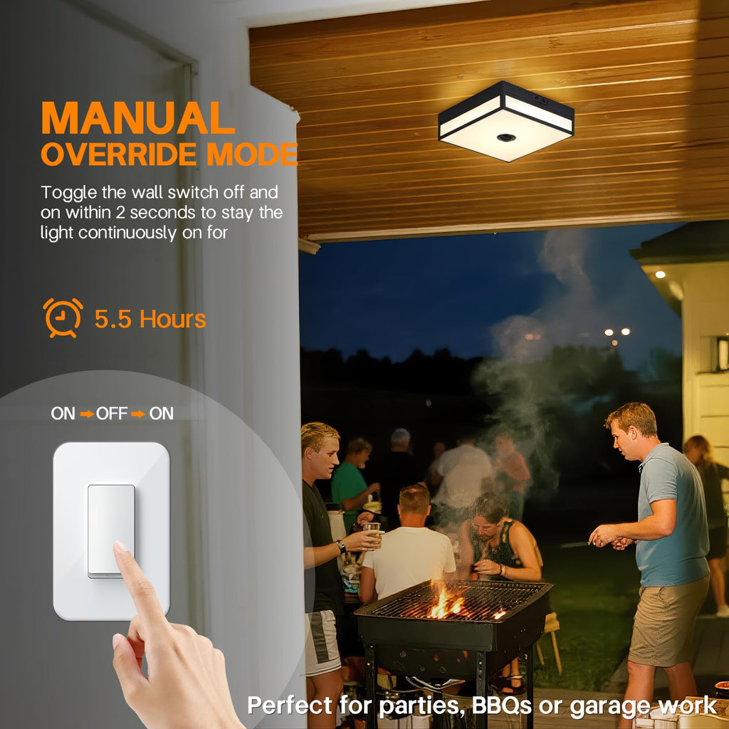 Motion Sensor Outdoor Light, Flush Mount Ceiling Fixture with 24W LED, Dusk to Dawn, Adjustable 3CCT, Black Exterior