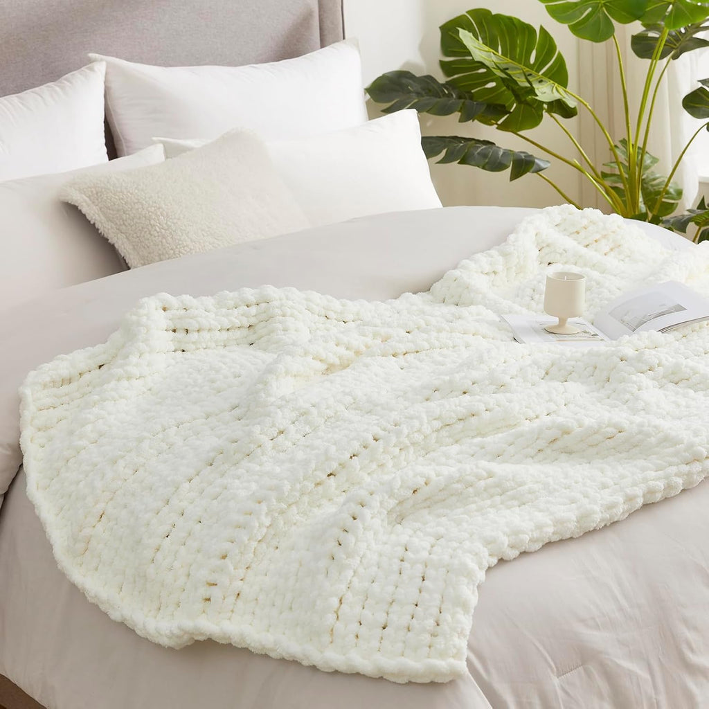 Chunky Knit Throw Blanket, Soft Chenille Handmade Crochet Throw Rope Knot Blanket, 50"x60", Ivory