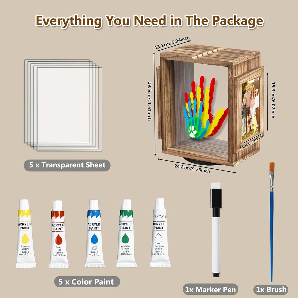 360 Rotating Family Handprint Kit, DIY Craft Keepsake Wooden Frame, Baby Footprint Kit, 5 Paint Colors Included