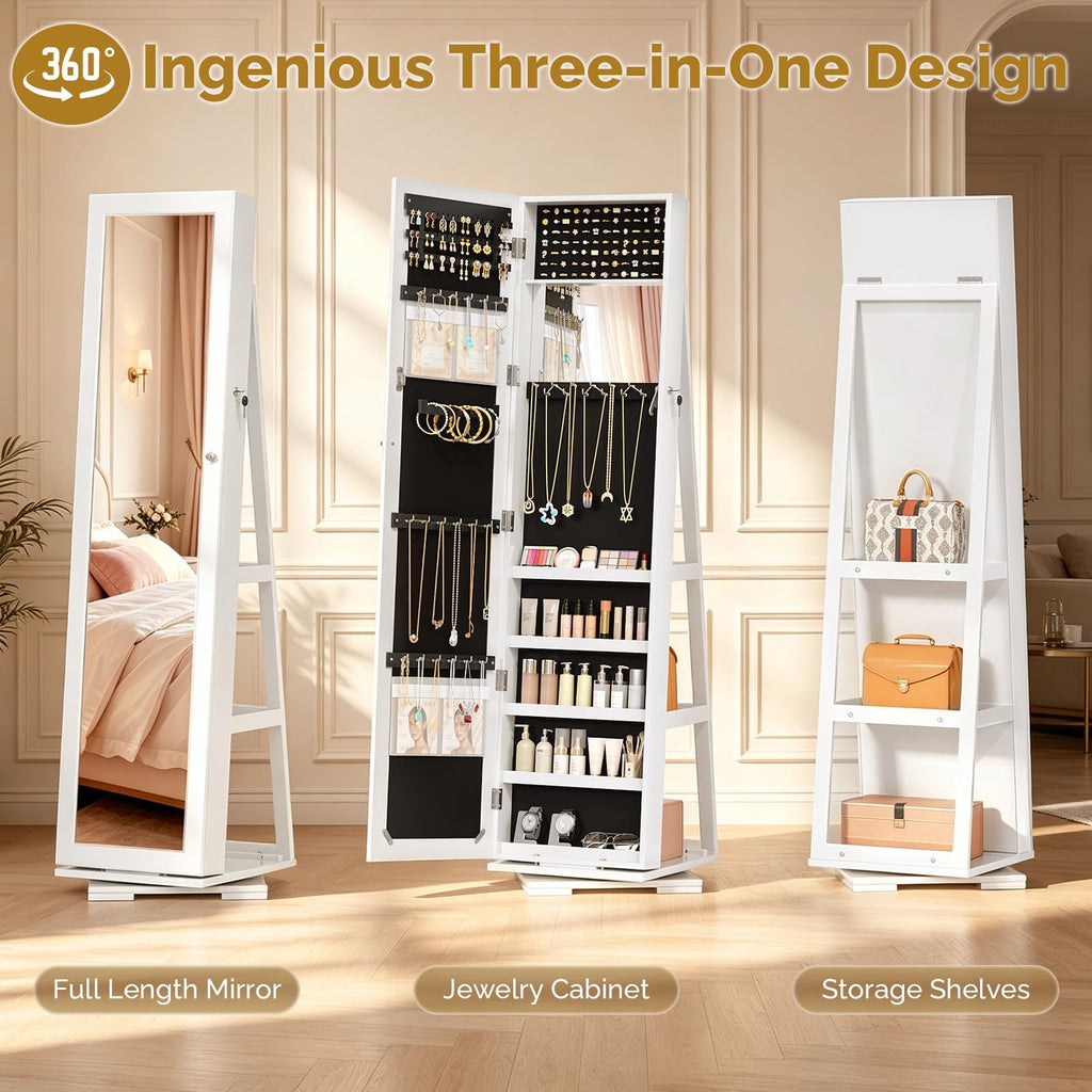360° Swivel Jewelry Mirror Cabinet with Inside Makeup Mirror, Full Length Mirror with Jewelry Storage, Lockable