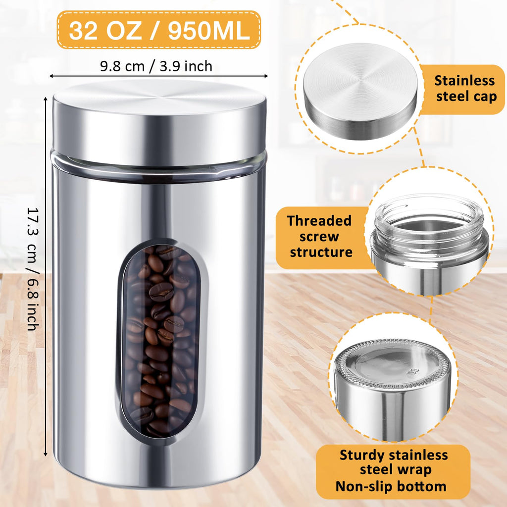3 Pcs Stainless Steel Canister Set with Glass Windows Visible Storage Jars Silver Kitchen Canister Set for Pasta