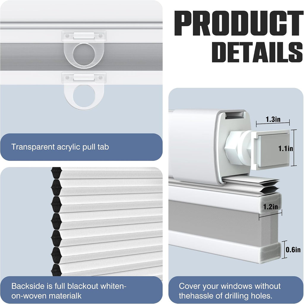 No Drill Top Down Bottom Up Cellular Shades Cordless, No Tool Pull Down Blackout Honeycomb Shades, Room Darkening