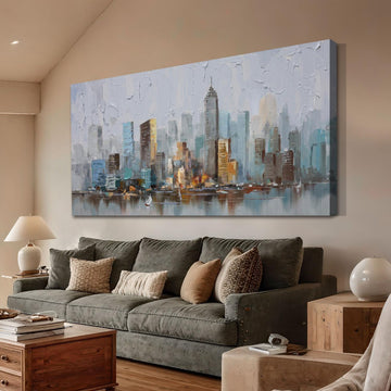 Abstract Cityscape Canvas Wall New York City Painting Modern Skyline Colorful NYC Grey Blue Picture, Large Size