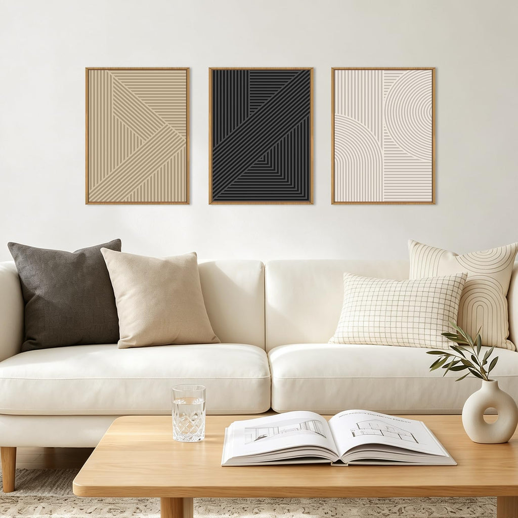 Framed Neutral Wall Art Black Geometric Artwork Modern Painting12x16