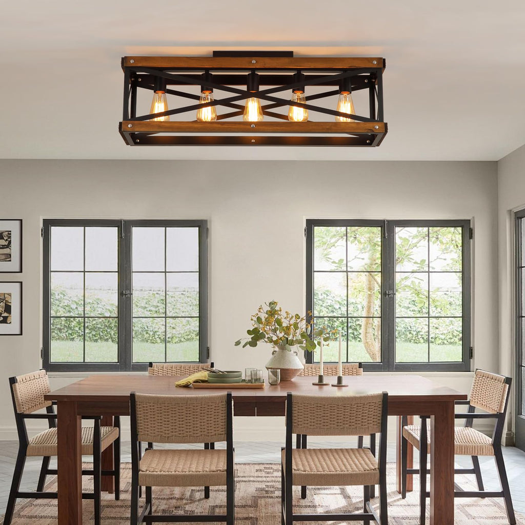 5-Light Large Rustic Farmhouse Wood Flush Mount Ceiling Light Fixture 31.5 inch Oak Wood and Metal Rectangular Track