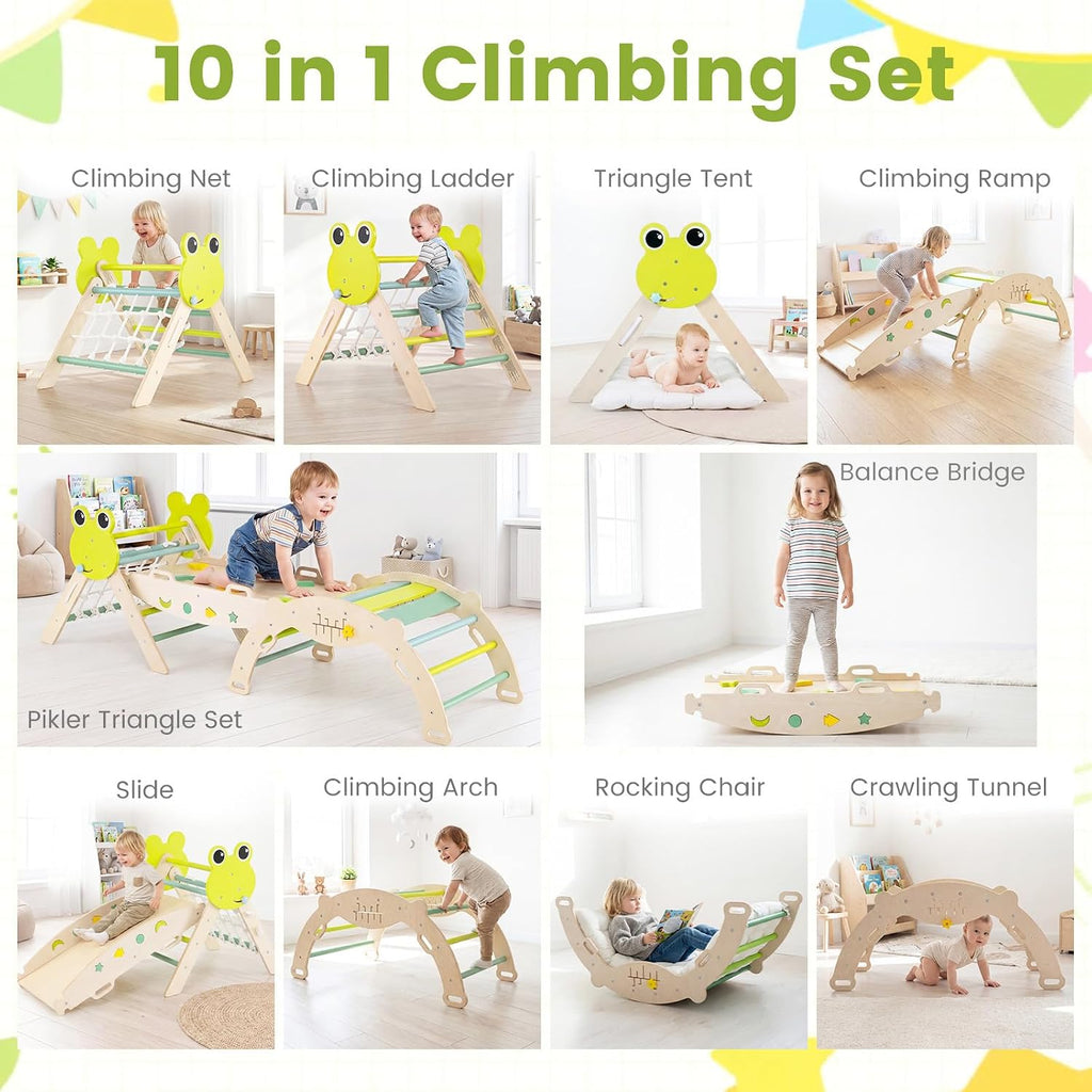 Triangle Set, 13 in 1 Frog Theme Foldable Wooden Montessori Toddler Climbing Toys Indoor with Cushion Ramp Arch