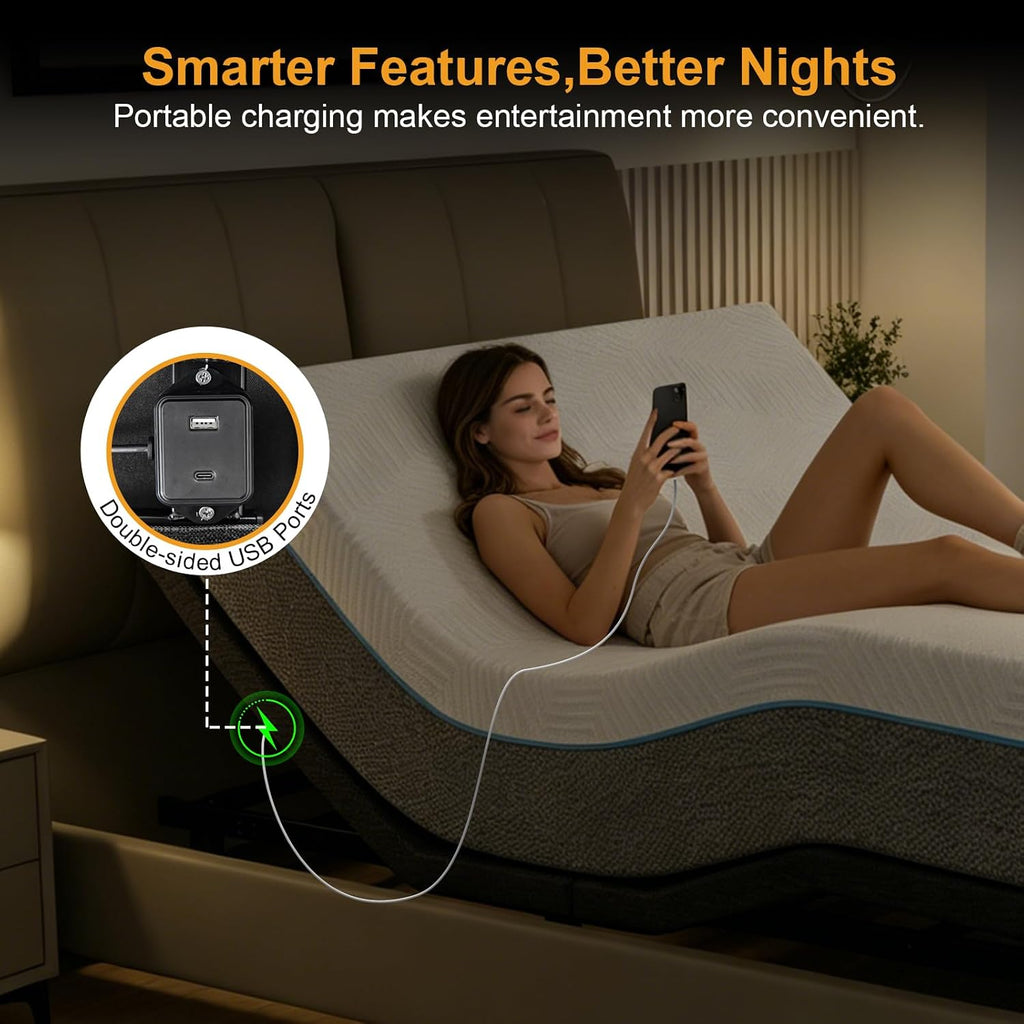 Queen Adjustable Bed Frame with Mattress Head and Foot Lift & Head-Pillow-Tilt, Electric Bed Base with Under-Bed LED