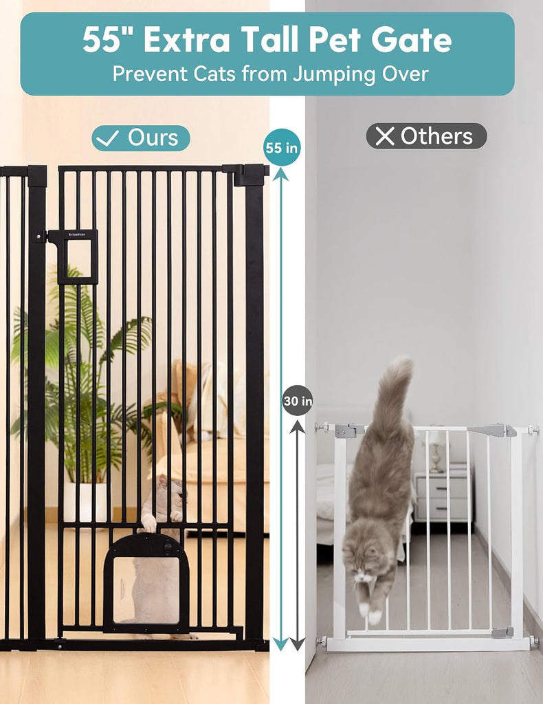 55" Extra Tall Pet Gate with Cat Door, 29"-43" Dog Gate Indoor