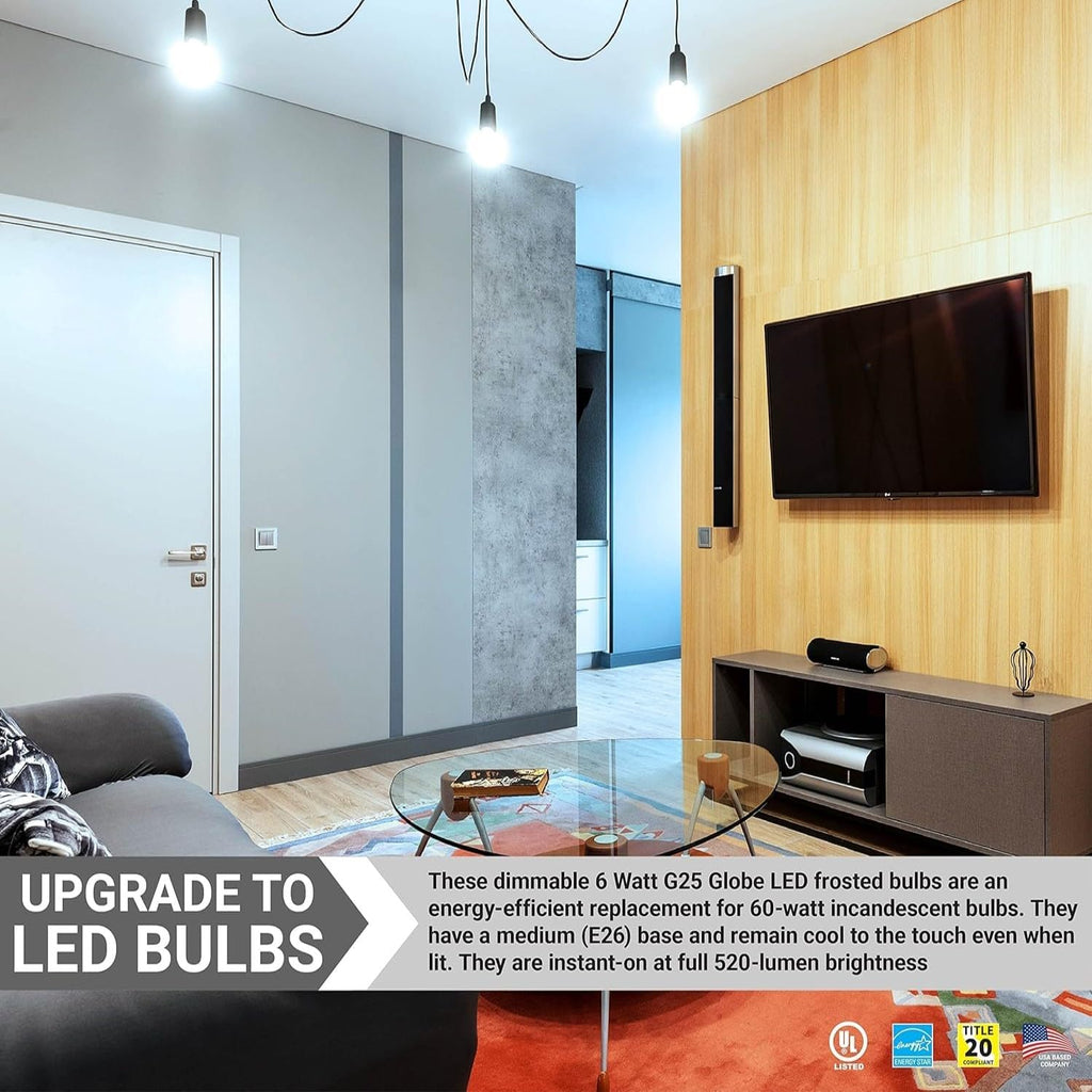 G25 LED Globe Light Bulbs Vanity Light Bulb 6W (60W Equivalent) 5000K Bright White E26 Medium Base Dimmable 500 Lumen