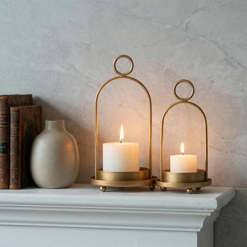 Set of 2 Candle Lantern, Candle Holders with Glass Dome 10" & 7.87" | Vintage Brass Design, Perfect for Pillar