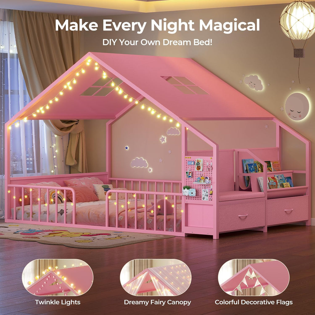 Montessori Full Size Floor Bed, Safety Guardrails, Reading Nook, Pink | House Shape, Wide Soft Padded Seat, Sling