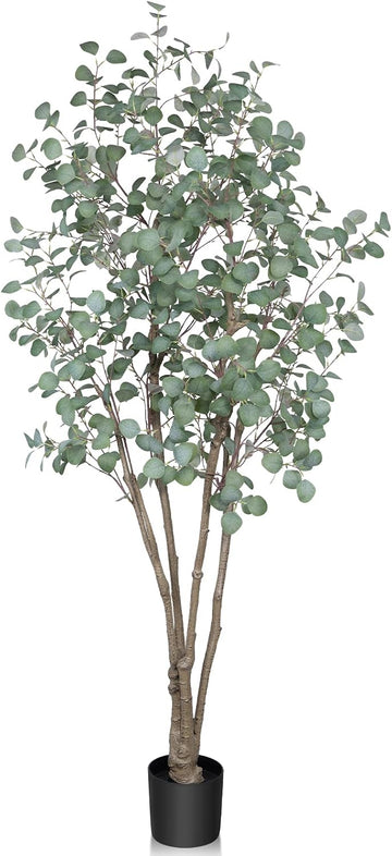 7FT Artificial Eucalyptus Tree Indoor, Tall Faux Eucalyptus Plant with Pre-Potted Realistic Silk Leaves and Trunk