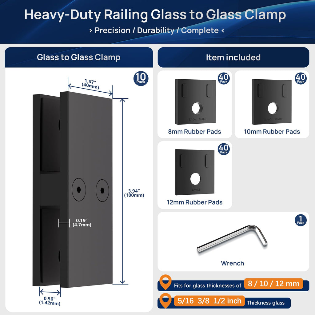 10 Pack Glass to Glass Clamp Frameless 180° Glass Railing Clamp