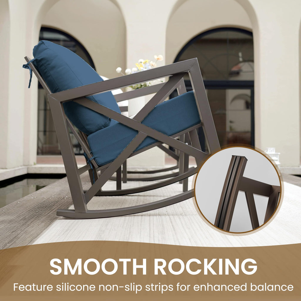 Rocking Chair Outdoor Oversized Metal Bistro Set 6.5" Cushion Navy