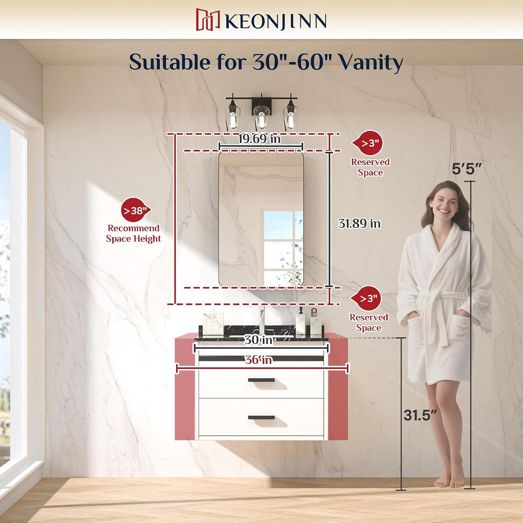 20"x32" Recessed Medicine Cabinet with Mirror, Black Framed | Stepless Adjustable Shelves, Surface Mount/in Wall