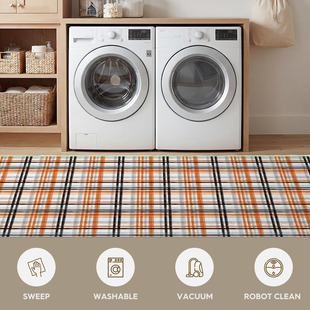 Orange Black Vintage Check Stripes Fall Area Rug