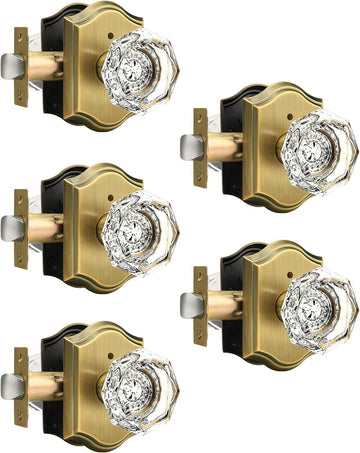 Interior Door Locksets in Antique Brass,Octagonal Crystal Doorknobs for Bed/Bath,Privacy Function Door Handles,Push