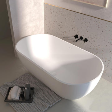 59" Free Standing Tub, Oval-Shaped Stone Resin Freestanding Bathtub Matte White Solid Surface Soaking Tub with Drain