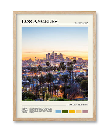 Natural OAK Wood Los Angeles Cityscape Framed Wall, 12x16in City Skyline Canvas Wall Print, Modern Urban Landmark Wall