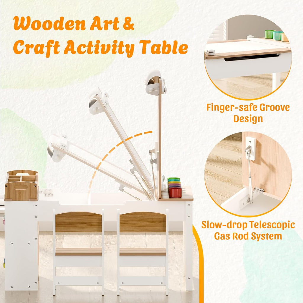 Kids Art Table and Chair Set with 2 Chair & Bins, 44" L x 24" W, Natural