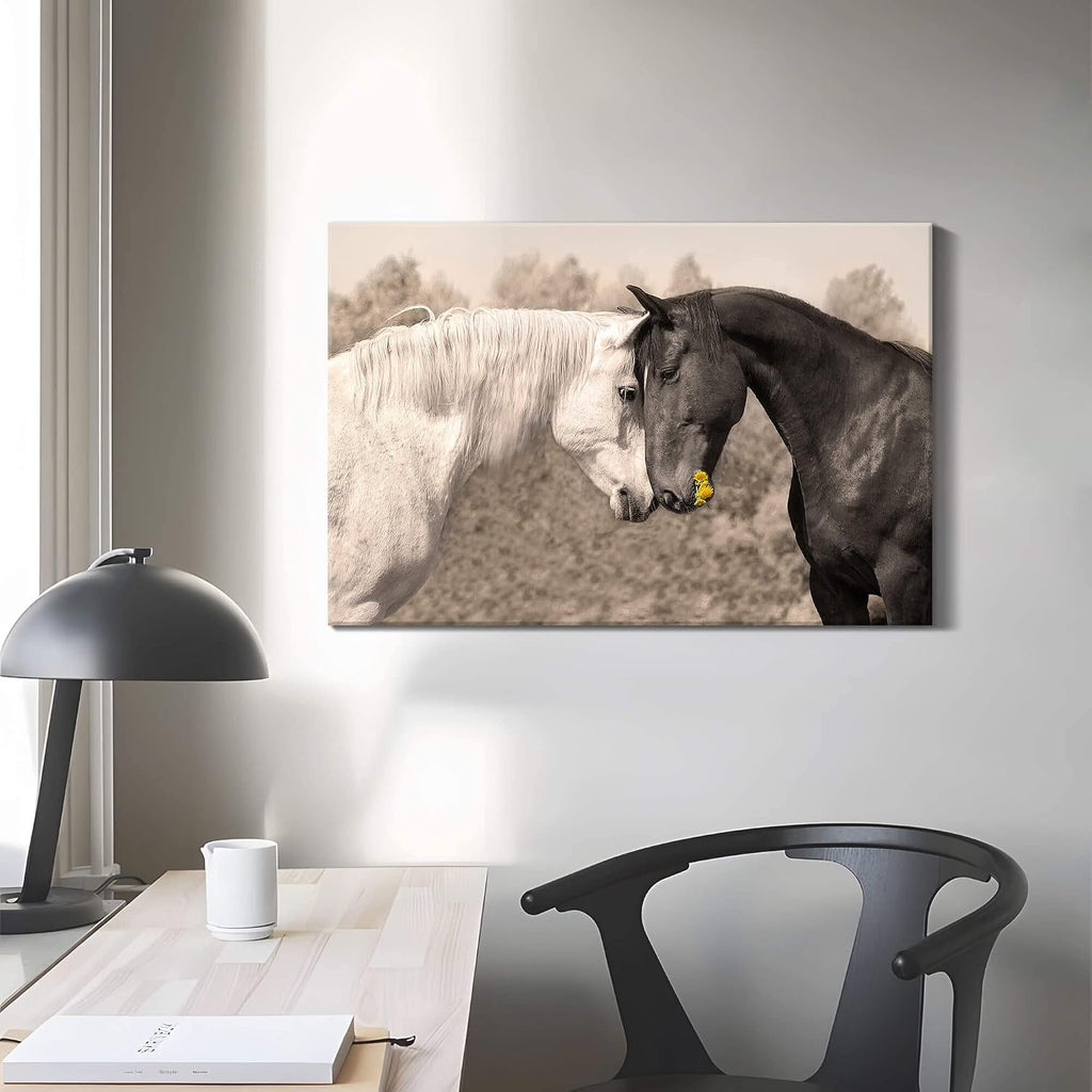 Ranch Horse Canvas Wall Art: Black and White Equines Friendly Painting Lovely Wild Animal Head Prints Country