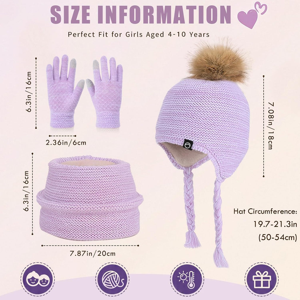 Kids Winter Hat Gloves Scarf Set Warm Earflaps Soft Fleece Lined