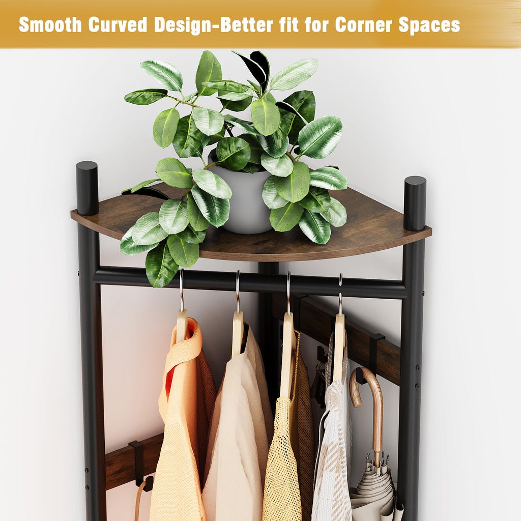 Corner Hall Tree with Shoe Rack Entryway Coat Rack with 6 Metal Movable Hooks Floor Standing Clothes Rack Organizer