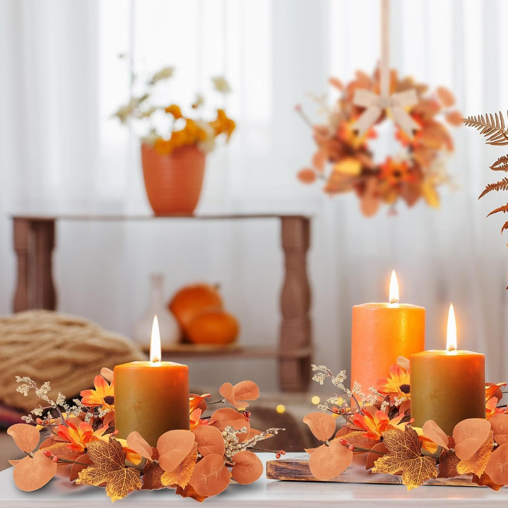 Fall Mini Wreath Set, Artificial Autumn Small Wreaths with Burlap Bow Sunflower Maple Leaf Eucalyptus - Set of 6