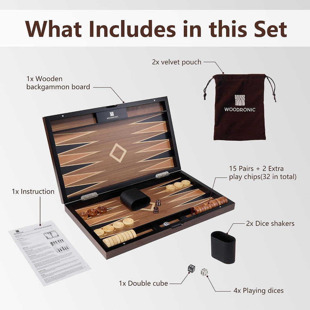 Wooden Backgammon Set for Adults - 19 Inch Classic Board Game Case - Premium Folding Backgammon Set with Wooded