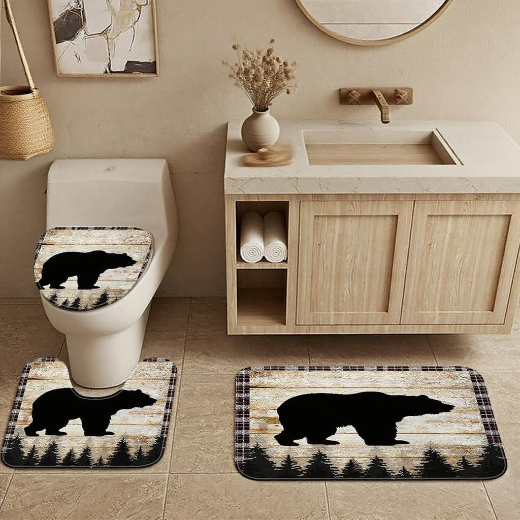 Rustic Cabin Bath Rug Set, Bath Mat, Antique Bear Forest Wood Decor Non Slip Bath Mats Set, Hunting Camping Bath Rug