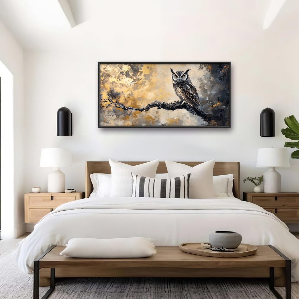 Owl Large Wall Art Framed Gold Wall Decor Mountain Owl Pictures Oversized Canvas Print Painting Modern Extra Large