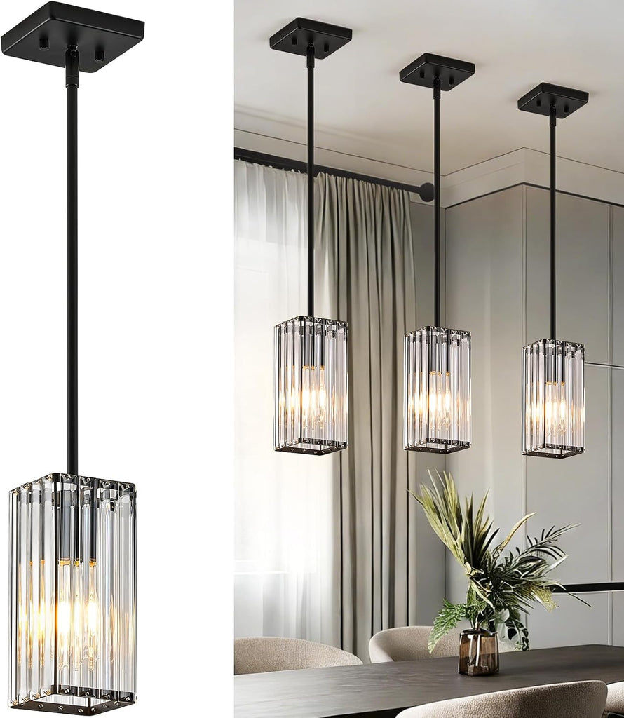 Modern Crystal Pendant Lights Kitchen Island, 3-Pack Black Hanging Light with Clear Crystal Shade, Adjustable Height